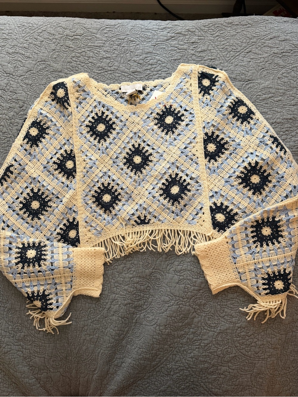 House of Harlow Crochet Fringe Sweater in Cream, Light Blue & Navy